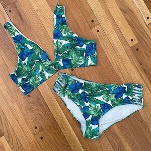 SHEIN Women Bikini 2 Piece Bathing Suit Tropical Green Blue Fully Lined Plus 3XL